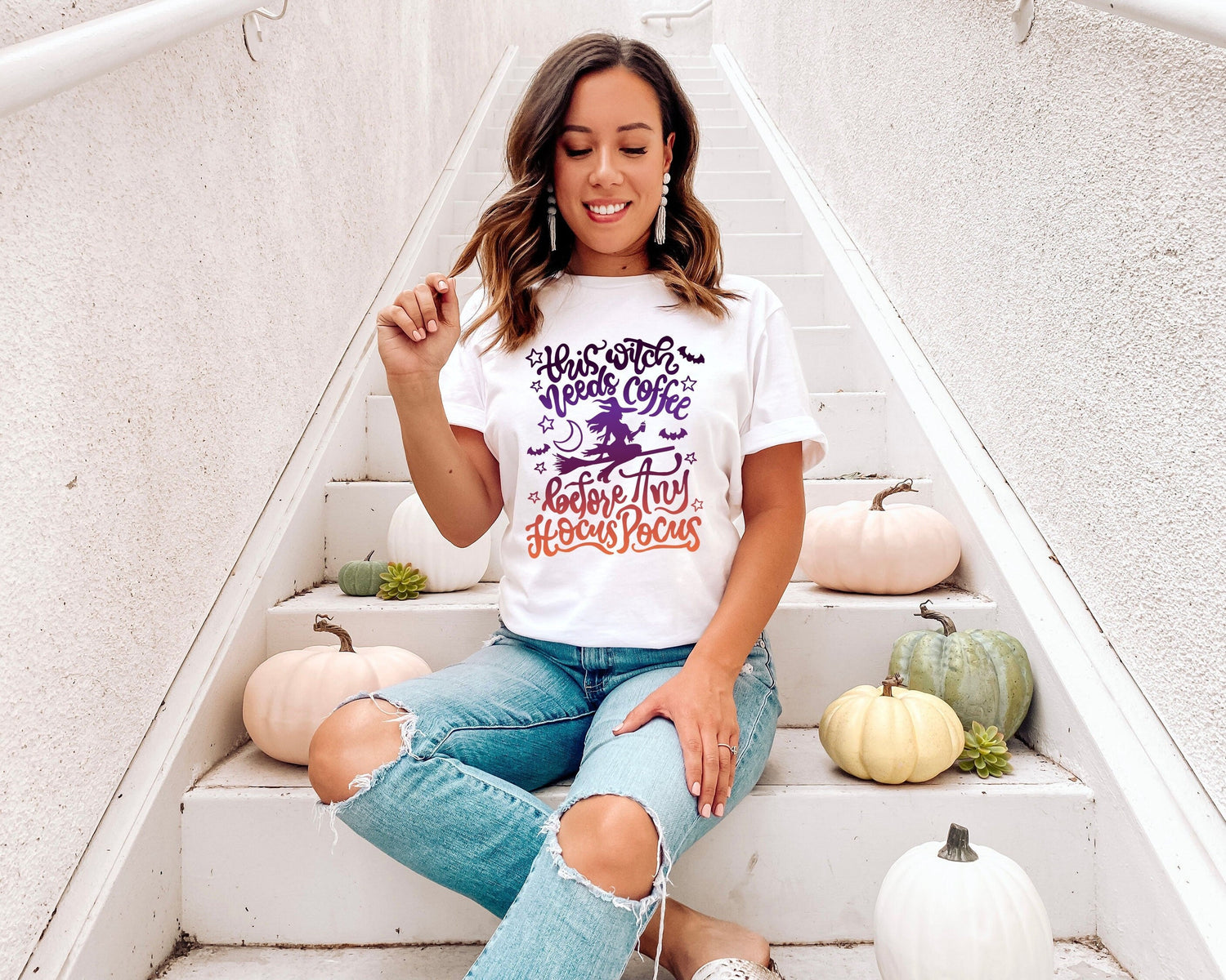 Fall shirt for woman reads: this witch needs coffee before any hocus pocus