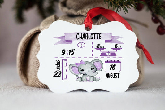 Baby Birth Stat Ornament | Purple Elephant