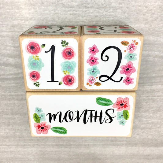 Baby Milestone Blocks - Pink & Aqua Flowers