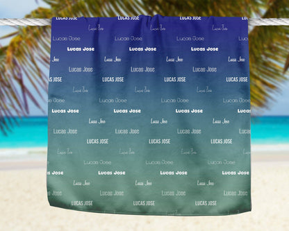 Blue Ombre Repeating Name Personalized Beach Towel