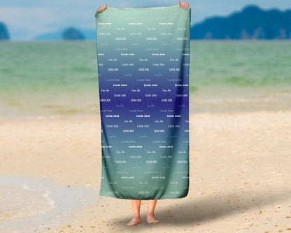 Blue Ombre Repeating Name Personalized Beach Towel