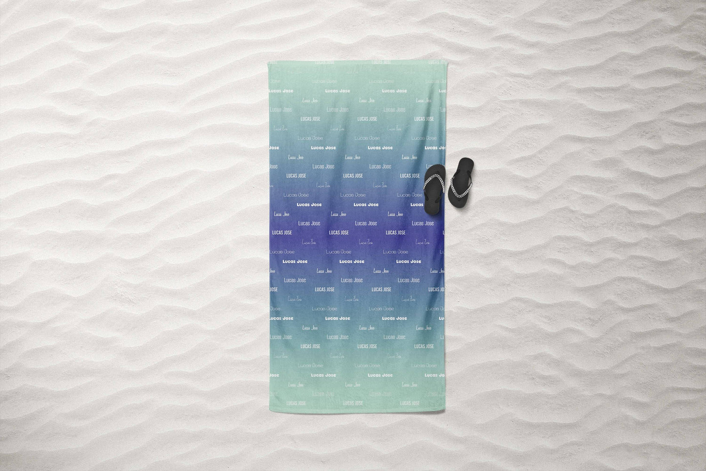 Blue Ombre Repeating Name Personalized Beach Towel