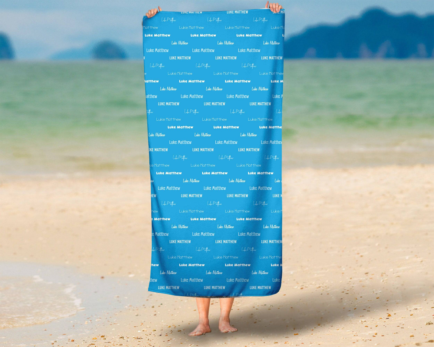 Blue Repeating Name Personalized Beach Towel