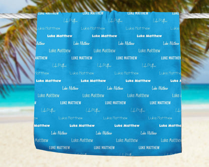 Blue Repeating Name Personalized Beach Towel