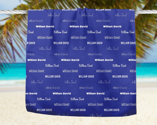 Dark Blue Repeating Name Personalized Beach Towel