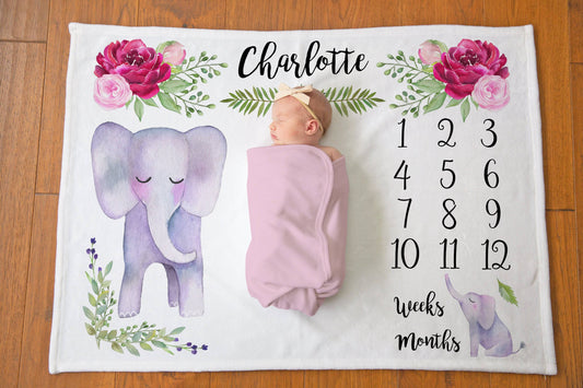 Elephant Milestone Blanket - Baby Girl Gift