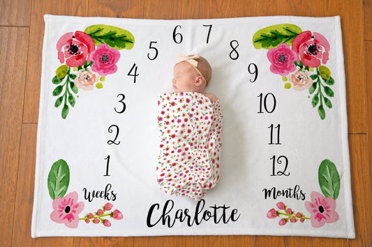 Floral Baby Milestone Blanket - Baby Girl Gift