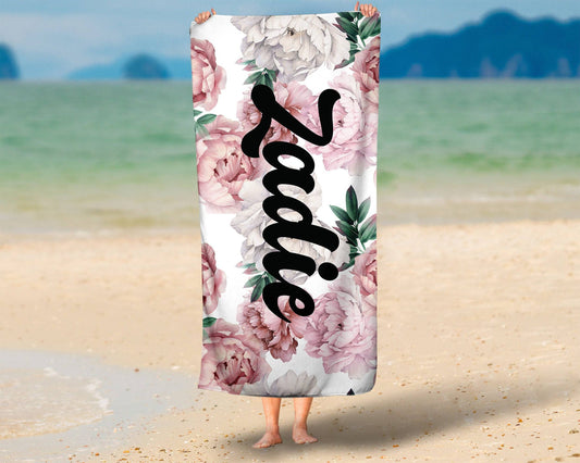 Floral Peony Personalized Beach Towel