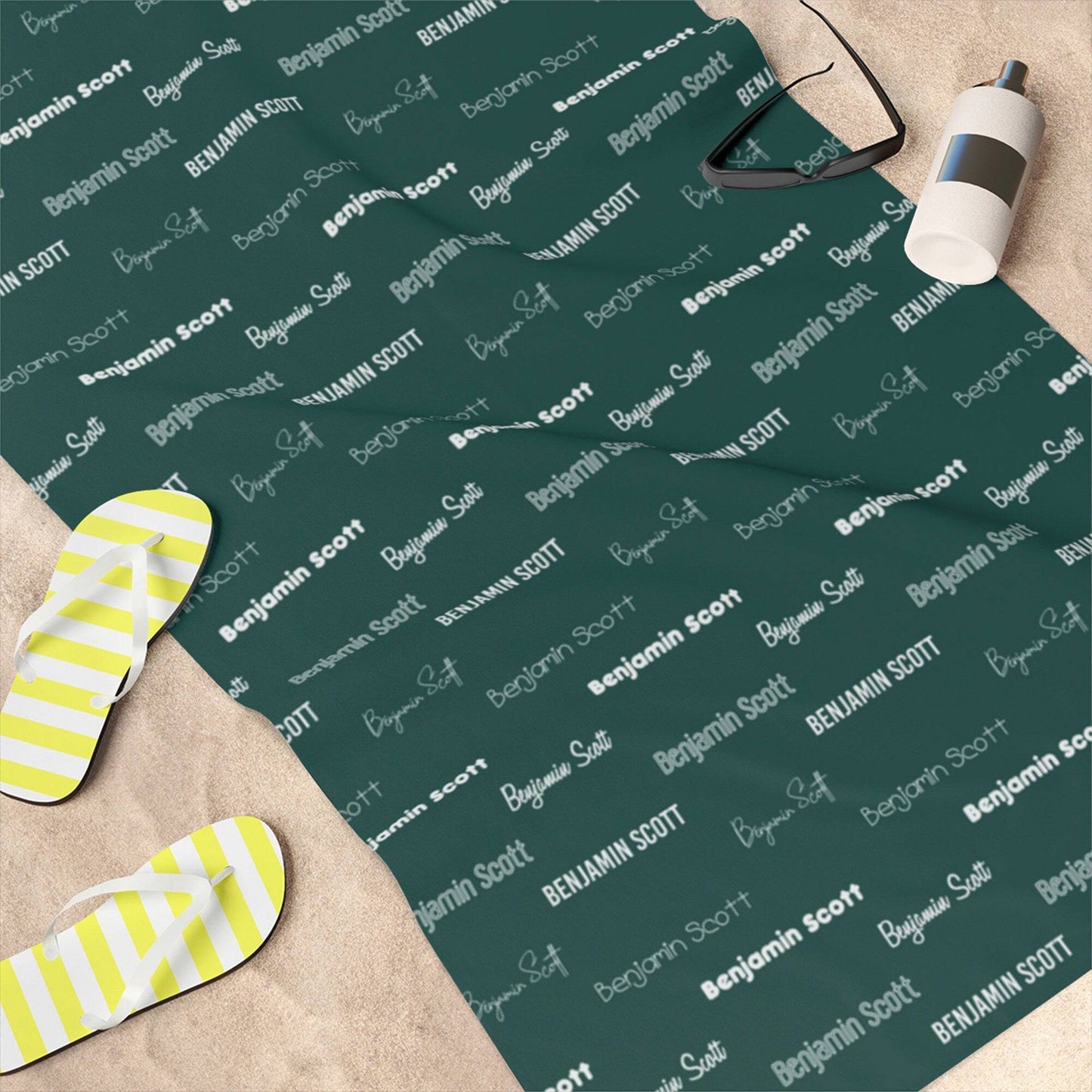 Forest Green Repeating Name Personalized Beach Towel