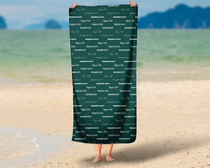 Forest Green Repeating Name Personalized Beach Towel