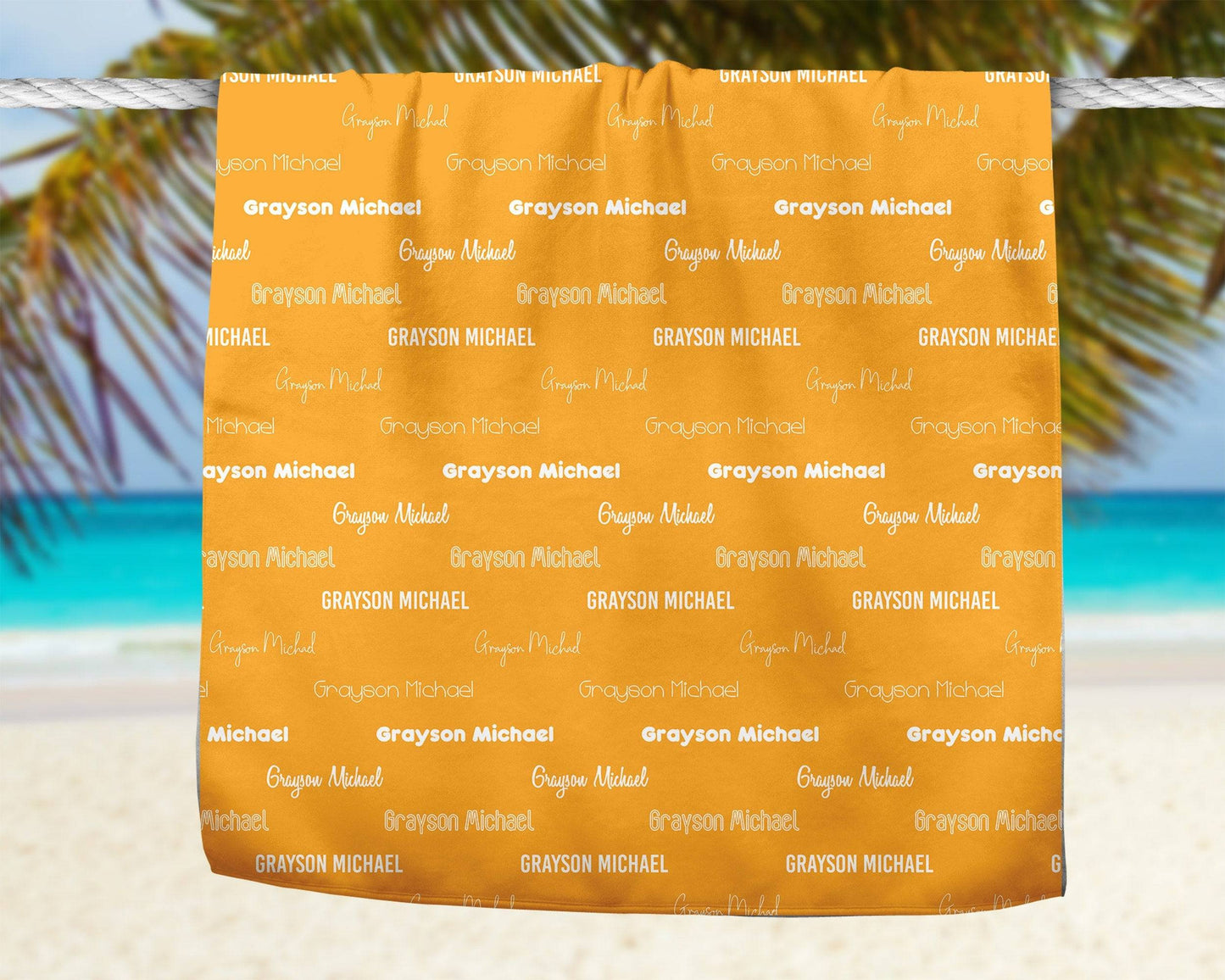 Orange Repeating Name Personalized Beach Towel