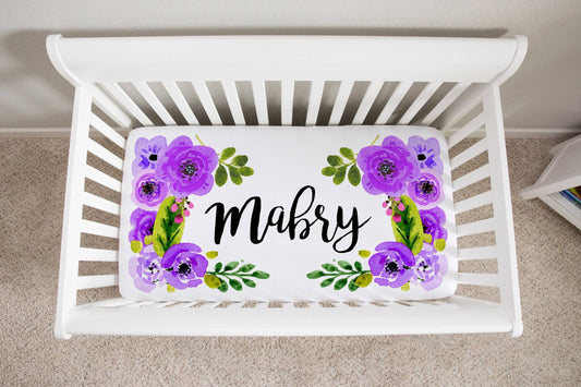 Personalized Purple Floral Crib Sheet