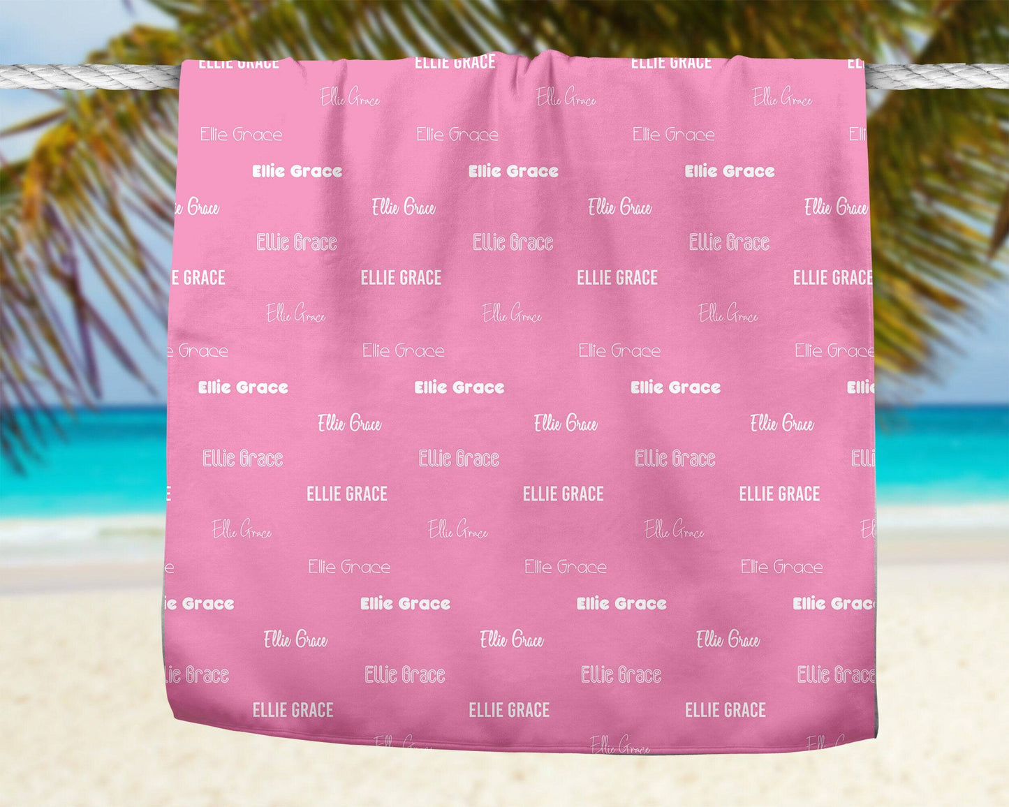 Pink Repeating Name Personalized Beach Towel