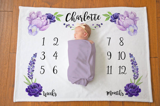 Purple Floral Baby Milestone Blanket