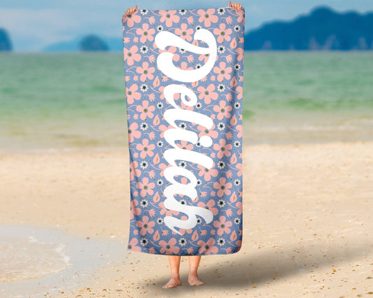 Retro Floral Repeating Name Personalized Beach Towel