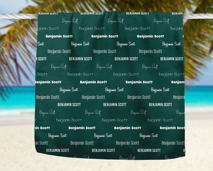 Repeating Name Personalized Beach Towel Forest Custom Pool Towel Personalized Name Birthday Party Favor Pool Party Vacation Birthday Gift